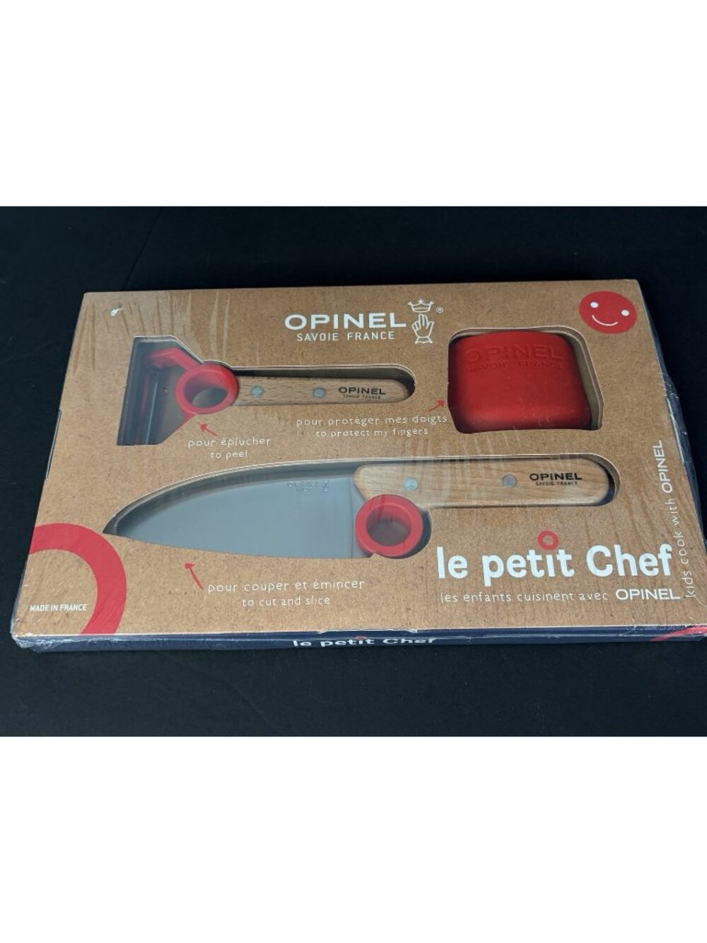 New Opinel Le Petit Chef Box 3 Piece Kitchen Set Knife Peeler Finger Guard